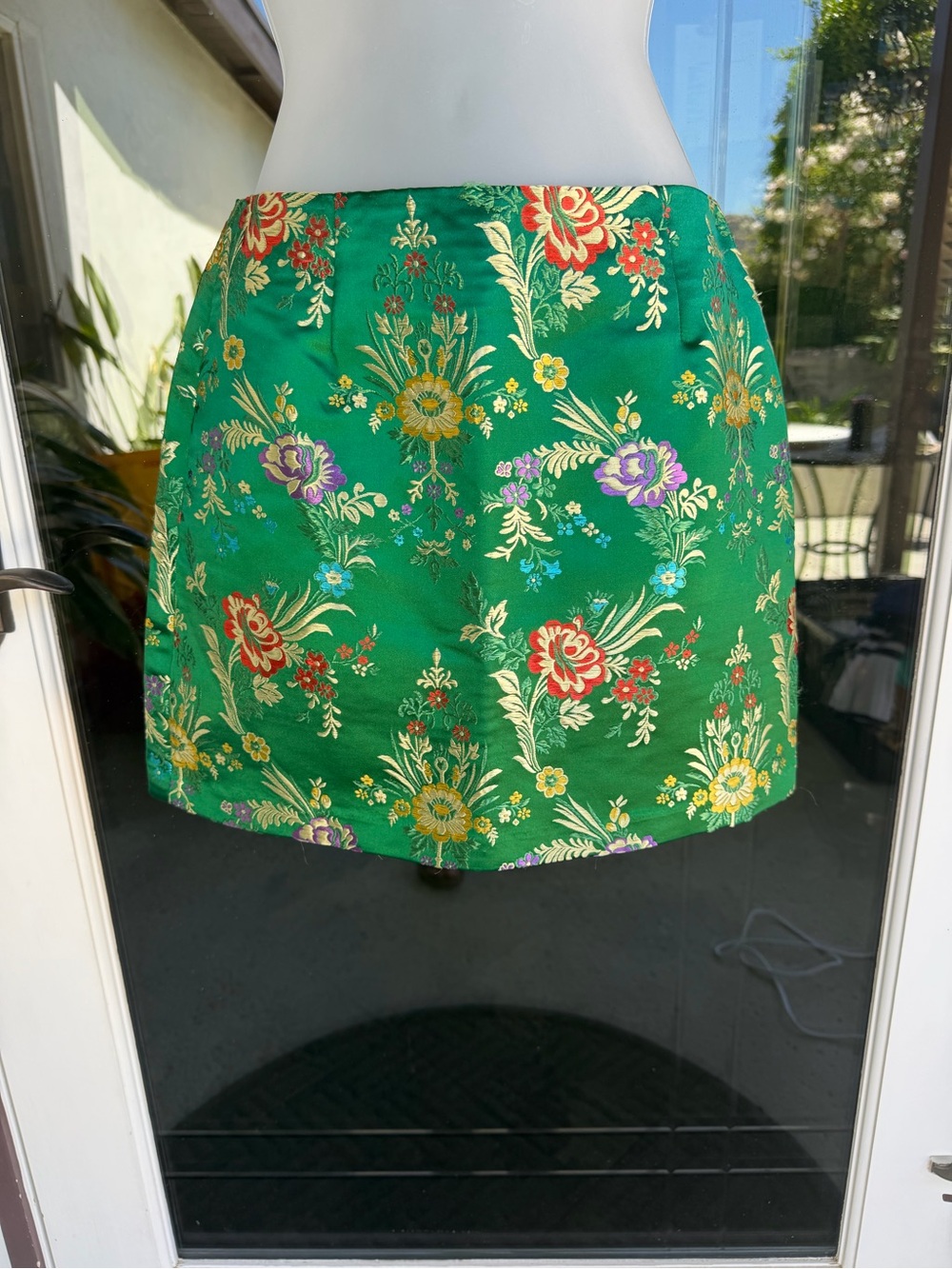 Forever 21 Green Floral Brocade Mini Skirt with Multicolor Blooms